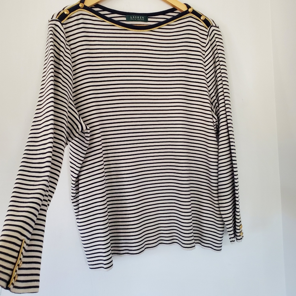 LAUREN RALPH LAUREN 1X White Navy Blue Striped LS Top Gold Accent Buttons Preppy